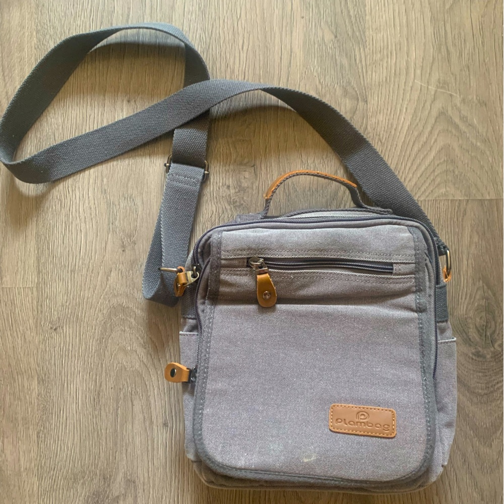 Plambag Canvas Crossbody Bag Unisex Grey  Leather Zip Accents Multi Pockets
